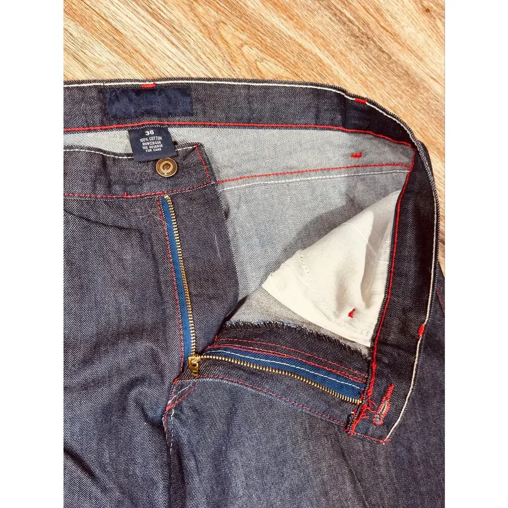Q by Qruel Y2K Dark Wash Designer Jeans Red White Contrast Stitch  36x33